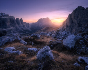 Wall Mural - Rocks and stones at colorful sunset in autumn in Dolomites, Italy. Landscape with mountains, trail, hill, orange grass and trees, purple sky with clouds in fall at night. Hiking in mountains. Dusk	
