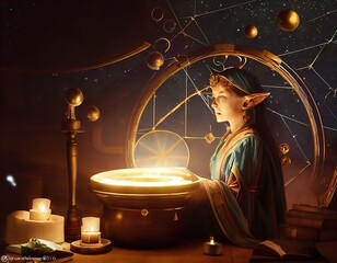 Wall Mural - Elven anime character casting a spell