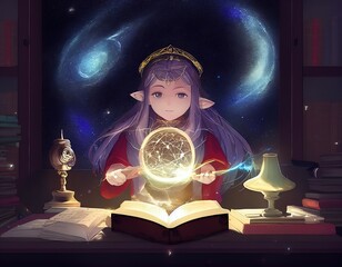 Wall Mural - Elven anime character casting a spell
