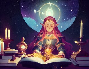Wall Mural - Elven anime character casting a spell