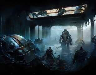 Wall Mural - Space marines exploring a distance alien planet generated ai