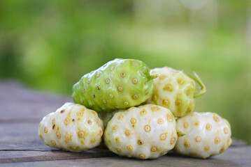 Wall Mural - Noni fruit herbal medicines, fresh noni from tree - Other names Great morinda , Beach mulberry or Morinda Citrifolia