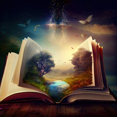 Wall Mural - Magical world expanding out from an open book, discover the joys of reading