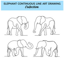 Set Of Elephant Line Design. Wildlife Decorative Elements Drawn With One Continuous Line. Vector Illustration Of Minimalist Style On White Background.