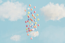 Colorful Balloons Floating In The Sky With White Clouds. 3D Render.