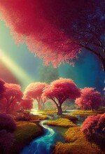Enchanted Forest With Flowing River And Pink Trees