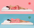 Collage with photos of women lying on mattress. Wrong and correct sleeping posture. Choose right mattress
