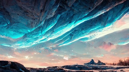 Wall Mural - Alien planet with frozen ice cave, jaggedf rocks under the night sky