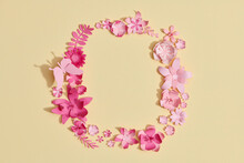 Beautiful Pink Round Frame With 3d Paper Cut Out Flowers. 