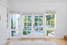 French Doors With Shades To Patio In Cottage Home