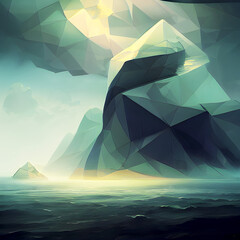 An Iceberg Set on a Rocky Beach - Polygonal Fantasy Graphic Art