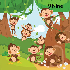 Flashcard number nine with 9 monkey learning for kid illustration vector