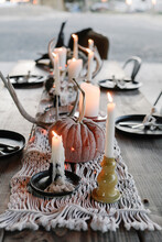 Outdoor Table Decorated For Fall