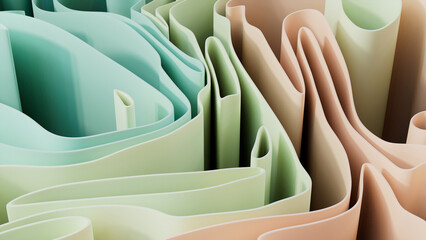Pastel colored 3D Undulating lines ripple to make a Multicolored abstract background. 3D Render.  