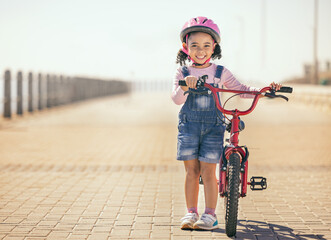 Sticker - Black girl, learning and bike for portrait, smile or park path with sunshine, safety or happiness. Kid, happy and bicycle in training, outdoor or childhood development in summer in street with helmet