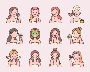 Wall Mural - Cute female faces and various skin care methods. Information design in icon style with outline.