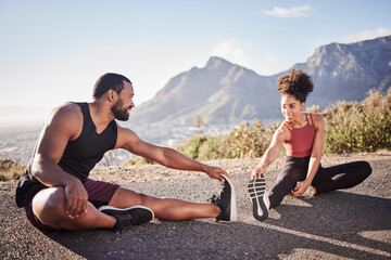 Canvas Print - Fitness, exercise and black couple stretching legs outdoors on road for health or wellness. Training, sports and man and woman warm up before running, exercising or marathon workout on street outside