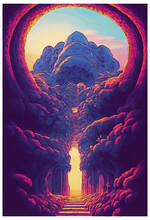 Magically A Illuminated Pathway To A Mystical Realm. Stairway To Heaven. Vector Illustration. [Digital Art, Sci-Fi Fantasy Horror Background, Game, Graphic Novel, Graphic Tee, Or Postcard Image]