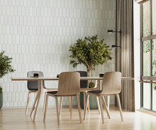 Dining Room Interior In Elegant, Minimalist Style, Tiled Wall 
