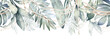 © rom-anni - Watercolor hand drawn horizontal seamless border, colorful illustration of tropical palm leaves. Exotic green leaves, liana, branches isolated on white background. Floral jungle tree botanical design.