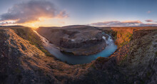 Panoramic View Of A Blue River In A Canyon,  Highlands Of Iceland

