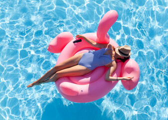 Wall Mural - Woman relaxing on pink flamingo inflatable ring