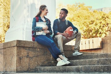 Sticker - Students, friends and talking or bonding on university campus outside for knowledge and education. Woman, man and college student people conversation about schoolwork and sport or football