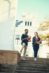 Poster - University, students and friends with a woman and man walking down stairs on campus for education. Learning, books and college with a male and female pupil taking a walk to class for studying