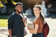 © Allistair F/peopleimages.com - Students, couple or university friends walking together with books for education and learning on campus with scholarship. Portrait of an interracial man and woman together on college or school ground