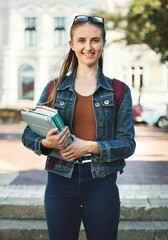 Poster - Portrait, woman student or holding books with smile, confident or ready for class studies. Course, young female or girl stand with journals, novels or happy for lesson, trendy or outdoor to relax