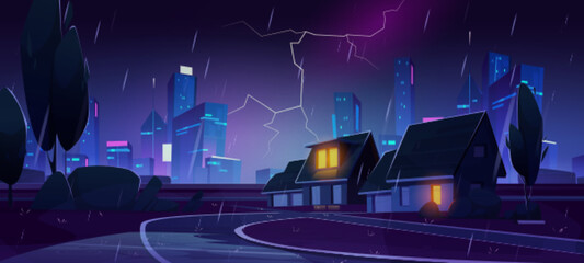 Wall Mural - Rainy night in city suburb. Cartoon vector illustration of town street with small houses and trees, rainfall and neon lightning glowing in dark sky, megalopolis architecture silhouettes on background