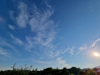 It is a blue sky with pretty  clouds.