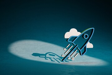 Poster - Beautiful abstract illustrations Blue and Golden Rocket symbol icon on a dark blue background. 3d rendering illustration. Background pattern for design.