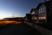 Oregon Coast Landscape Streetlight At Sunset   With Beach Cottage 