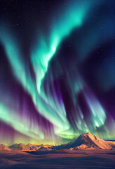 Wall Mural - snow mountains with background of milky way , huge aurora hanging in the clean dark purple night sky