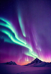 Wall Mural - snow mountains with background of milky way , huge aurora hanging in the clean dark purple night sky
