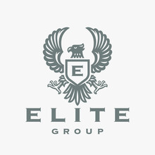 Luxury Eagle Crest Monogram Logo. Hawk Shield Emblem. Heraldic Falcon Symbol. Royal Elite Brand Label. Premium Flying Bird Icon. Vector Illustration.