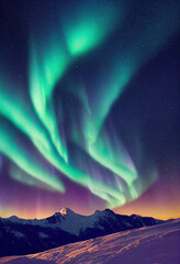 Wall Mural - snow mountains with background of milky way , huge aurora hanging in the clean dark purple night sky