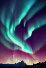 Wall Mural - snow mountains with background of milky way , huge aurora hanging in the clean dark purple night sky