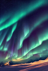 Wall Mural - snow mountains with background of milky way , huge aurora hanging in the clean dark purple night sky