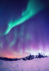 Wall Mural - snow mountains with background of milky way , huge aurora hanging in the clean dark purple night sky