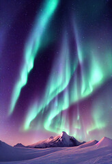 Wall Mural - snow mountains with background of milky way , huge aurora hanging in the clean dark purple night sky