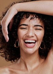 Sticker - Black woman, skincare and beauty wellness of a model laughing from skin glow and health shine. Microblading, luxury facial and happy woman face smile about cosmetic dermatology and healthy hair