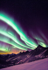 Wall Mural - snow mountains with background of milky way , huge aurora hanging in the clean dark purple night sky