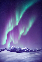 Wall Mural - snow mountains with background of milky way , huge aurora hanging in the clean dark purple night sky
