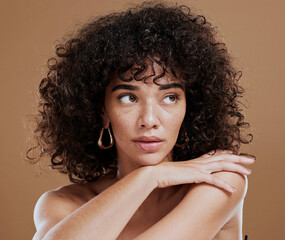 Wall Mural - beauty, skincare and natural hair of woman in studio for cosmetics, makeup and wellness mockup on br