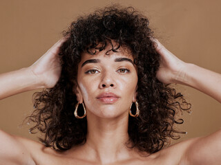 Wall Mural - hair care, black woman and portrait with curly hair, beauty and wellness by cosmetics background. ha