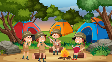 Sticker - Children camping out forest scene