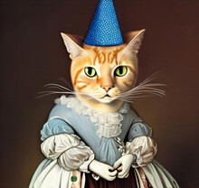 Ready To Party. Cat Baroque Art. New Year Series. Oil Digital Art Painting. Anthropomorphic Drawings.