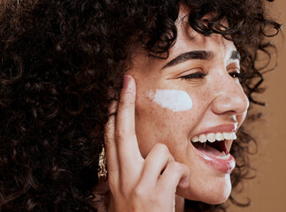 cream, woman and skincare for wellness, natural beauty and confident on brown studio background. cos